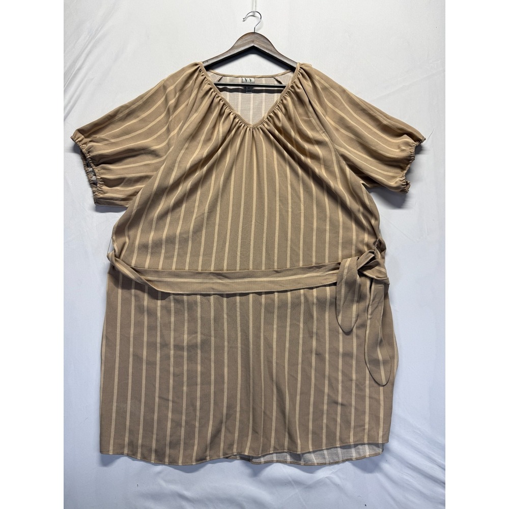 Worthington Mini Dress Womens XL Beige Striped Ruched V Neck Pleated Tie Waist